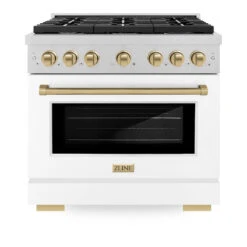 ZLINE Autograph Edition 36 In. 5.2 Cu. Ft. Paramount Gas Range With 6 Burner Cooktop And Convection Gas Oven In Satin Stainless Steel With White Matte Door And Champagne Bronze Accents (SGRSZ-WM-36-CB)(Zline Autograph Edition 36 Paramount Gas Range Satin Stainless Steel White Matte Champagne Bronze Sgrsz Wm 36 Cb) -Induction Cooktop Store zline autograph edition professional satin stainless steel white matte gas range SGRSZ WM 36 CB front