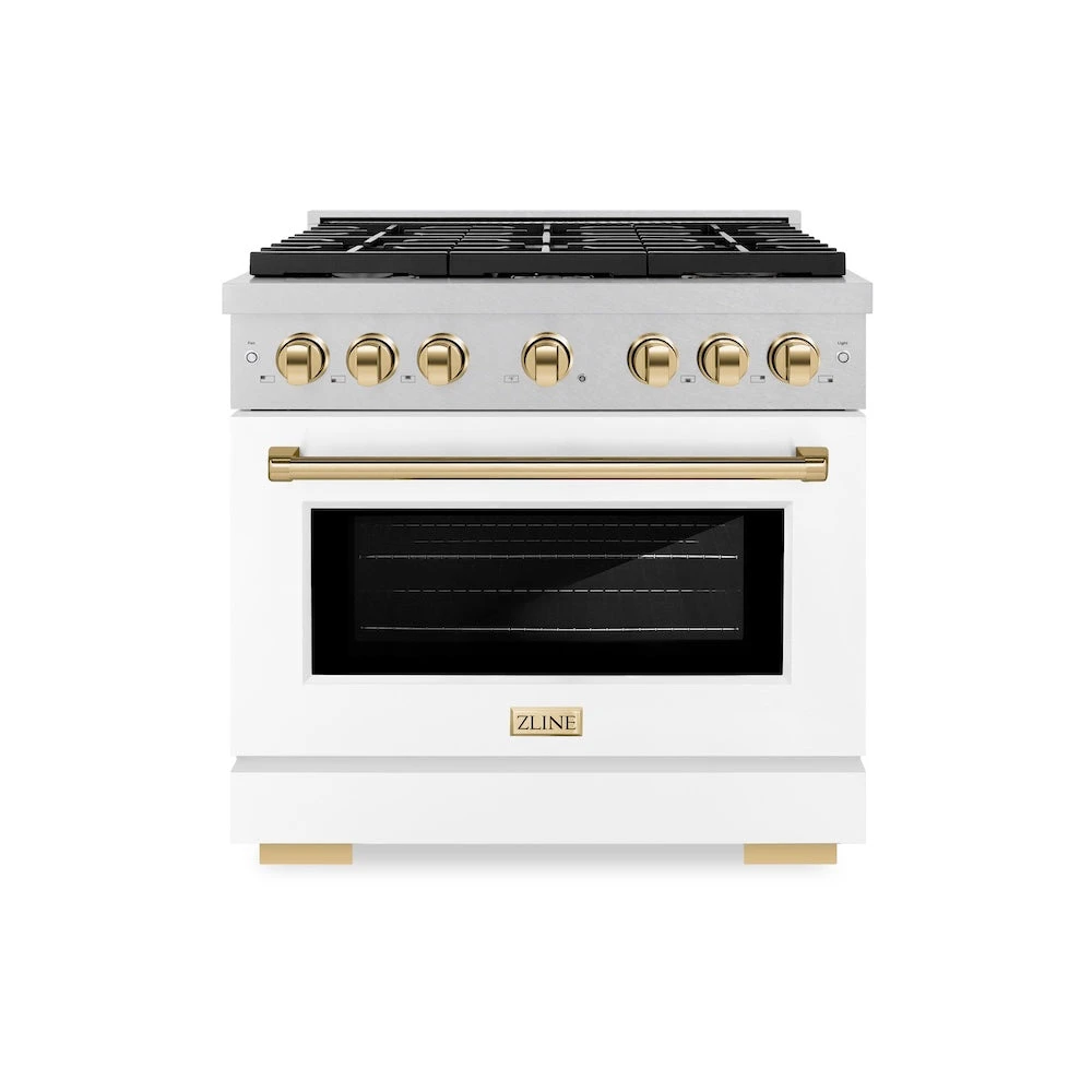 ZLINE Autograph Edition 36 In. 5.2 Cu. Ft. Paramount Gas Range With 6 Burner Cooktop And Convection Gas Oven In Satin Stainless Steel With White Matte Door And Polished Gold Accents (SGRSZ-WM-36-G)(Zline Autograph Edition 36 Paramount Gas Range Satin Stainless Steel White Matte Polished Gold Sgrsz Wm 36 G) 2 ZLINE Autograph Edition 36 In. 5.2 Cu. Ft. Paramount Gas Range With 6 Burner Cooktop And Convection Gas Oven In Satin Stainless Steel With White Matte Door And Polished Gold Accents (SGRSZ-WM-36-G)(Zline Autograph Edition 36 Paramount Gas Range Satin Stainless Steel White Matte Polished Gold Sgrsz Wm 36 G) - Image 2