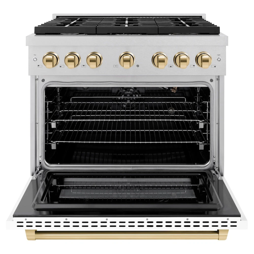 ZLINE Autograph Edition 36 In. 5.2 Cu. Ft. Paramount Gas Range With 6 Burner Cooktop And Convection Gas Oven In Satin Stainless Steel With White Matte Door And Polished Gold Accents (SGRSZ-WM-36-G)(Zline Autograph Edition 36 Paramount Gas Range Satin Stainless Steel White Matte Polished Gold Sgrsz Wm 36 G) 4 ZLINE Autograph Edition 36 In. 5.2 Cu. Ft. Paramount Gas Range With 6 Burner Cooktop And Convection Gas Oven In Satin Stainless Steel With White Matte Door And Polished Gold Accents (SGRSZ-WM-36-G)(Zline Autograph Edition 36 Paramount Gas Range Satin Stainless Steel White Matte Polished Gold Sgrsz Wm 36 G) - Image 4