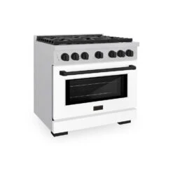 ZLINE Autograph Edition 36 In. 5.2 Cu. Ft. Paramount Gas Range With 6 Burner Cooktop And Convection Gas Oven In Satin Stainless Steel With White Matte Door And Matte Black Accents (SGRSZ-WM-36-MB)(Zline Autograph Edition 36 Paramount Gas Range Satin Stainless Steel White Matte Matte Black Sgrsz Wm 36 Mb)