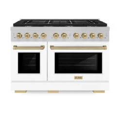 ZLINE Autograph Edition 48 In. 6.7 Cu. Ft. Paramount Double Oven Gas Range With 8 Burner Cooktop In Satin Stainless Steel With White Matte Doors And Champagne Bronze Accents (SGRSZ-WM-48-CB)(Zline Autograph Edition 48 Paramount Gas Range Satin Stainless Steel White Matte Champagne Bronze Sgrsz Wm 48 Cb) -Induction Cooktop Store zline autograph edition professional satin stainless steel white matte gas range SGRSZ WM 48 CB front