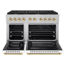 ZLINE Autograph Edition 48 In. 6.7 Cu. Ft. Paramount Double Oven Gas Range With 8 Burner Cooktop In Satin Stainless Steel With White Matte Doors And Polished Gold Accents (SGRSZ-WM-48-G)(Zline Autograph Edition 48 Paramount Gas Range Satin Stainless Steel White Matte Polished Gold Sgrsz Wm 48 G) -Induction Cooktop Store zline autograph edition professional satin stainless steel white matte gas range SGRSZ WM 48 G front open