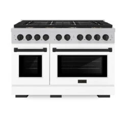 ZLINE Autograph Edition 48 In. 6.7 Cu. Ft. Paramount Double Oven Gas Range With 8 Burner Cooktop In Satin Stainless Steel With White Matte Doors And Matte Black Accents (SGRSZ-WM-48-MB)(Zline Autograph Edition 48 Paramount Gas Range Satin Stainless Steel White Matte Matte Black Sgrsz Wm 48 Mb) -Induction Cooktop Store zline autograph edition professional satin stainless steel white matte gas range SGRSZ WM 48 MB front