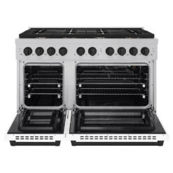ZLINE Autograph Edition 48 In. 6.7 Cu. Ft. Paramount Double Oven Gas Range With 8 Burner Cooktop In Satin Stainless Steel With White Matte Doors And Matte Black Accents (SGRSZ-WM-48-MB)(Zline Autograph Edition 48 Paramount Gas Range Satin Stainless Steel White Matte Matte Black Sgrsz Wm 48 Mb) -Induction Cooktop Store zline autograph edition professional satin stainless steel white matte gas range SGRSZ WM 48 MB front open