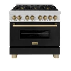 ZLINE Autograph Edition 36 In. 4.6 Cu. Ft. Legacy Dual Fuel Range With 6 Burner Gas Cooktop And Electric Convection Oven In Stainless Steel With Black Matte Door And Champagne Bronze Accents (RAZ-BLM-36-CB)(Zline Autograph Edition 36 Legacy Dual Fuel Range Stainless Steel Black Matte Champagne Bronze Raz Blm 36 Cb) -Induction Cooktop Store zline autograph edition professional stainless steel black matte dual fuel range RAZ BLM 36 CB front