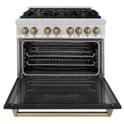 ZLINE Autograph Edition 36 In. 4.6 Cu. Ft. Legacy Dual Fuel Range With 6 Burner Gas Cooktop And Electric Convection Oven In Stainless Steel With Black Matte Door And Champagne Bronze Accents (RAZ-BLM-36-CB)(Zline Autograph Edition 36 Legacy Dual Fuel Range Stainless Steel Black Matte Champagne Bronze Raz Blm 36 Cb) -Induction Cooktop Store zline autograph edition professional stainless steel black matte dual fuel range RAZ BLM 36 CB front open