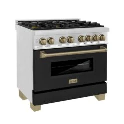 ZLINE Autograph Edition 36 In. 4.6 Cu. Ft. Legacy Dual Fuel Range With 6 Burner Gas Cooktop And Electric Convection Oven In Stainless Steel With Black Matte Door And Champagne Bronze Accents (RAZ-BLM-36-CB)(Zline Autograph Edition 36 Legacy Dual Fuel Range Stainless Steel Black Matte Champagne Bronze Raz Blm 36 Cb)