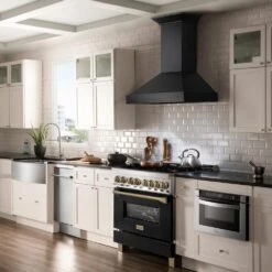 ZLINE Autograph Edition 36 In. 4.6 Cu. Ft. Legacy Dual Fuel Range With 6 Burner Gas Cooktop And Electric Convection Oven In Stainless Steel With Black Matte Door And Champagne Bronze Accents (RAZ-BLM-36-CB)(Zline Autograph Edition 36 Legacy Dual Fuel Range Stainless Steel Black Matte Champagne Bronze Raz Blm 36 Cb) -Induction Cooktop Store zline autograph edition professional stainless steel black matte dual fuel range RAZ BLM 36 CB kitchen lifestyle