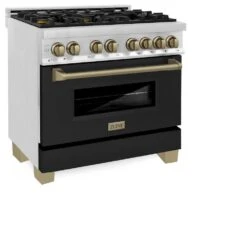 ZLINE Autograph Edition 36 In. 4.6 Cu. Ft. Legacy Dual Fuel Range With 6 Burner Gas Cooktop And Electric Convection Oven In Stainless Steel With Black Matte Door And Champagne Bronze Accents (RAZ-BLM-36-CB)(Zline Autograph Edition 36 Legacy Dual Fuel Range Stainless Steel Black Matte Champagne Bronze Raz Blm 36 Cb) -Induction Cooktop Store zline autograph edition professional stainless steel black matte dual fuel range RAZ BLM 36 CB main