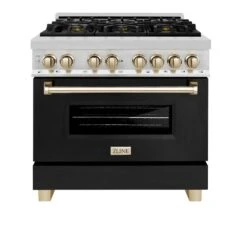 ZLINE Autograph Edition 36 In. 4.6 Cu. Ft. Legacy Dual Fuel Range With 6 Burner Gas Cooktop And Electric Convection Oven In Stainless Steel With Black Matte Door And Polished Gold Accents (RAZ-BLM-36-G)(Zline Autograph Edition 36 Legacy Dual Fuel Range Stainless Steel Black Matte Polished Gold Raz Blm 36 G) 23 ZLINE Autograph Edition 36 In. 4.6 Cu. Ft. Legacy Dual Fuel Range With 6 Burner Gas Cooktop And Electric Convection Oven In Stainless Steel With Black Matte Door And Polished Gold Accents (RAZ-BLM-36-G)(Zline Autograph Edition 36 Legacy Dual Fuel Range Stainless Steel Black Matte Polished Gold Raz Blm 36 G) -Induction Cooktop Store zline autograph edition professional stainless steel black matte dual fuel range RAZ BLM 36 G front