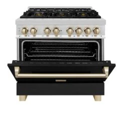 ZLINE Autograph Edition 36 In. 4.6 Cu. Ft. Legacy Dual Fuel Range With 6 Burner Gas Cooktop And Electric Convection Oven In Stainless Steel With Black Matte Door And Polished Gold Accents (RAZ-BLM-36-G)(Zline Autograph Edition 36 Legacy Dual Fuel Range Stainless Steel Black Matte Polished Gold Raz Blm 36 G) 24 ZLINE Autograph Edition 36 In. 4.6 Cu. Ft. Legacy Dual Fuel Range With 6 Burner Gas Cooktop And Electric Convection Oven In Stainless Steel With Black Matte Door And Polished Gold Accents (RAZ-BLM-36-G)(Zline Autograph Edition 36 Legacy Dual Fuel Range Stainless Steel Black Matte Polished Gold Raz Blm 36 G) -Induction Cooktop Store zline autograph edition professional stainless steel black matte dual fuel range RAZ BLM 36 G front half open