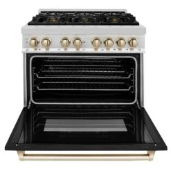 ZLINE Autograph Edition 36 In. 4.6 Cu. Ft. Legacy Dual Fuel Range With 6 Burner Gas Cooktop And Electric Convection Oven In Stainless Steel With Black Matte Door And Polished Gold Accents (RAZ-BLM-36-G)(Zline Autograph Edition 36 Legacy Dual Fuel Range Stainless Steel Black Matte Polished Gold Raz Blm 36 G) 25 ZLINE Autograph Edition 36 In. 4.6 Cu. Ft. Legacy Dual Fuel Range With 6 Burner Gas Cooktop And Electric Convection Oven In Stainless Steel With Black Matte Door And Polished Gold Accents (RAZ-BLM-36-G)(Zline Autograph Edition 36 Legacy Dual Fuel Range Stainless Steel Black Matte Polished Gold Raz Blm 36 G) -Induction Cooktop Store zline autograph edition professional stainless steel black matte dual fuel range RAZ BLM 36 G front open