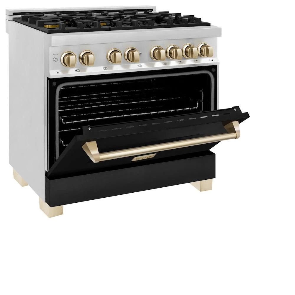 ZLINE Autograph Edition 36 In. 4.6 Cu. Ft. Legacy Dual Fuel Range With 6 Burner Gas Cooktop And Electric Convection Oven In Stainless Steel With Black Matte Door And Polished Gold Accents (RAZ-BLM-36-G)(Zline Autograph Edition 36 Legacy Dual Fuel Range Stainless Steel Black Matte Polished Gold Raz Blm 36 G) 5 ZLINE Autograph Edition 36 In. 4.6 Cu. Ft. Legacy Dual Fuel Range With 6 Burner Gas Cooktop And Electric Convection Oven In Stainless Steel With Black Matte Door And Polished Gold Accents (RAZ-BLM-36-G)(Zline Autograph Edition 36 Legacy Dual Fuel Range Stainless Steel Black Matte Polished Gold Raz Blm 36 G) - Image 5