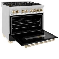 ZLINE Autograph Edition 36 In. 4.6 Cu. Ft. Legacy Dual Fuel Range With 6 Burner Gas Cooktop And Electric Convection Oven In Stainless Steel With Black Matte Door And Polished Gold Accents (RAZ-BLM-36-G)(Zline Autograph Edition 36 Legacy Dual Fuel Range Stainless Steel Black Matte Polished Gold Raz Blm 36 G) 22 ZLINE Autograph Edition 36 In. 4.6 Cu. Ft. Legacy Dual Fuel Range With 6 Burner Gas Cooktop And Electric Convection Oven In Stainless Steel With Black Matte Door And Polished Gold Accents (RAZ-BLM-36-G)(Zline Autograph Edition 36 Legacy Dual Fuel Range Stainless Steel Black Matte Polished Gold Raz Blm 36 G) -Induction Cooktop Store zline autograph edition professional stainless steel black matte dual fuel range RAZ BLM 36 G side open