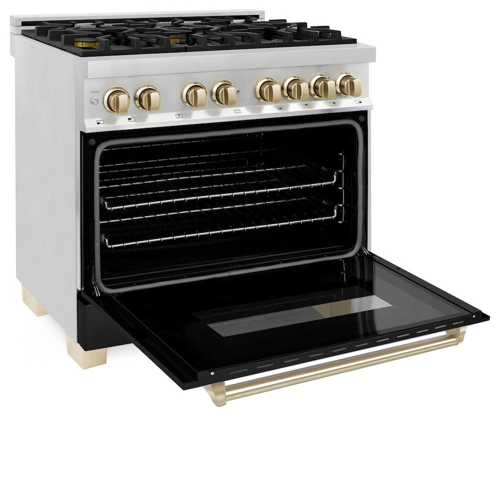ZLINE Autograph Edition 36 In. 4.6 Cu. Ft. Legacy Dual Fuel Range With 6 Burner Gas Cooktop And Electric Convection Oven In Stainless Steel With Black Matte Door And Polished Gold Accents (RAZ-BLM-36-G)(Zline Autograph Edition 36 Legacy Dual Fuel Range Stainless Steel Black Matte Polished Gold Raz Blm 36 G) 6 ZLINE Autograph Edition 36 In. 4.6 Cu. Ft. Legacy Dual Fuel Range With 6 Burner Gas Cooktop And Electric Convection Oven In Stainless Steel With Black Matte Door And Polished Gold Accents (RAZ-BLM-36-G)(Zline Autograph Edition 36 Legacy Dual Fuel Range Stainless Steel Black Matte Polished Gold Raz Blm 36 G) - Image 6