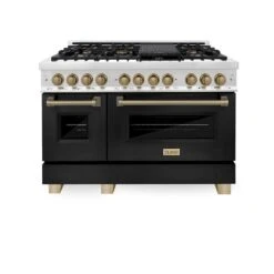 ZLINE Autograph Edition 48 In. 6.0 Cu. Ft. Legacy Dual Fuel Range With 7 Burner Gas Cooktop And 2 Electric Ovens In Stainless Steel With Black Matte Doors And Champagne Bronze Accents (RAZ-BLM-48-CB)(Zline Autograph Edition 48 Legacy Dual Fuel Range Stainless Steel Black Matte Champagne Bronze Raz Blm 48 Cb) -Induction Cooktop Store zline autograph edition professional stainless steel black matte dual fuel range RAZ BLM 48 CB front