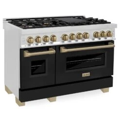 ZLINE Autograph Edition 48 In. 6.0 Cu. Ft. Legacy Dual Fuel Range With 7 Burner Gas Cooktop And 2 Electric Ovens In Stainless Steel With Black Matte Doors And Champagne Bronze Accents (RAZ-BLM-48-CB)(Zline Autograph Edition 48 Legacy Dual Fuel Range Stainless Steel Black Matte Champagne Bronze Raz Blm 48 Cb)
