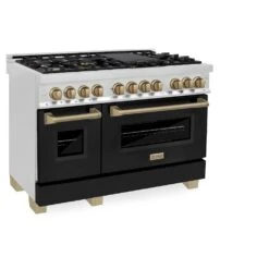 ZLINE Autograph Edition 48 In. 6.0 Cu. Ft. Legacy Dual Fuel Range With 7 Burner Gas Cooktop And 2 Electric Ovens In Stainless Steel With Black Matte Doors And Champagne Bronze Accents (RAZ-BLM-48-CB)(Zline Autograph Edition 48 Legacy Dual Fuel Range Stainless Steel Black Matte Champagne Bronze Raz Blm 48 Cb) -Induction Cooktop Store zline autograph edition professional stainless steel black matte dual fuel range RAZ BLM 48 CB main