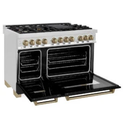 ZLINE Autograph Edition 48 In. 6.0 Cu. Ft. Legacy Dual Fuel Range With 7 Burner Gas Cooktop And 2 Electric Ovens In Stainless Steel With Black Matte Doors And Champagne Bronze Accents (RAZ-BLM-48-CB)(Zline Autograph Edition 48 Legacy Dual Fuel Range Stainless Steel Black Matte Champagne Bronze Raz Blm 48 Cb) -Induction Cooktop Store zline autograph edition professional stainless steel black matte dual fuel range RAZ BLM 48 CB side open