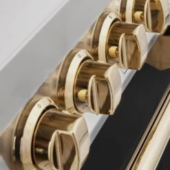 ZLINE Autograph Edition 48 In. 6.0 Cu. Ft. Legacy Dual Fuel Range With 7 Burner Gas Cooktop And 2 Electric Ovens In Stainless Steel With Black Matte Doors And Polished Gold Accents (RAZ-BLM-48-G)(Zline Autograph Edition 48 Legacy Dual Fuel Range Stainless Steel Black Matte Polished Gold Raz Blm 48 G) -Induction Cooktop Store zline autograph edition professional stainless steel black matte dual fuel range RAZ BLM 48 G detail knobs