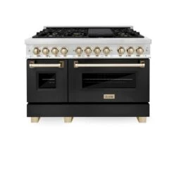 ZLINE Autograph Edition 48 In. 6.0 Cu. Ft. Legacy Dual Fuel Range With 7 Burner Gas Cooktop And 2 Electric Ovens In Stainless Steel With Black Matte Doors And Polished Gold Accents (RAZ-BLM-48-G)(Zline Autograph Edition 48 Legacy Dual Fuel Range Stainless Steel Black Matte Polished Gold Raz Blm 48 G) -Induction Cooktop Store zline autograph edition professional stainless steel black matte dual fuel range RAZ BLM 48 G front
