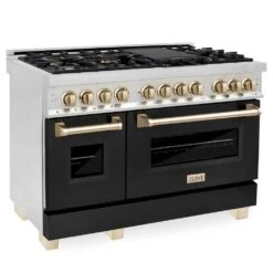 ZLINE Autograph Edition 48 In. 6.0 Cu. Ft. Legacy Dual Fuel Range With 7 Burner Gas Cooktop And 2 Electric Ovens In Stainless Steel With Black Matte Doors And Polished Gold Accents (RAZ-BLM-48-G)(Zline Autograph Edition 48 Legacy Dual Fuel Range Stainless Steel Black Matte Polished Gold Raz Blm 48 G)