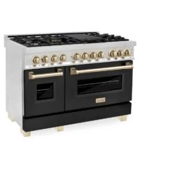 ZLINE Autograph Edition 48 In. 6.0 Cu. Ft. Legacy Dual Fuel Range With 7 Burner Gas Cooktop And 2 Electric Ovens In Stainless Steel With Black Matte Doors And Polished Gold Accents (RAZ-BLM-48-G)(Zline Autograph Edition 48 Legacy Dual Fuel Range Stainless Steel Black Matte Polished Gold Raz Blm 48 G) -Induction Cooktop Store zline autograph edition professional stainless steel black matte dual fuel range RAZ BLM 48 G main