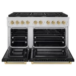 ZLINE Autograph Edition 48 In. 6.7 Cu. Ft. Paramount Double Oven Dual Fuel Range With 8 Burner Gas Cooktop In Stainless Steel With Black Matte Doors And Champagne Bronze Accents (SDRZ-BLM-48-CB)(Zline Autograph Edition 48 Paramount Dual Fuel Range Stainless Steel Black Matte Champagne Bronze Sdrz Blm 48 Cb) -Induction Cooktop Store zline autograph edition professional stainless steel black matte gas range SDRZ BLM 48 CB front open cde9a409 e2e7 4511 874e ebf81492f707