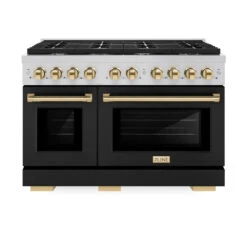 ZLINE Autograph Edition 48 In. 6.7 Cu. Ft. Paramount Double Oven Dual Fuel Range With 8 Burner Gas Cooktop In Stainless Steel With Black Matte Doors And Polished Gold Accents (SDRZ-BLM-48-G)(Zline Autograph Edition 48 Paramount Dual Fuel Range Stainless Steel Black Matte Polished Gold Sdrz Blm 48 G) 16 ZLINE Autograph Edition 48 In. 6.7 Cu. Ft. Paramount Double Oven Dual Fuel Range With 8 Burner Gas Cooktop In Stainless Steel With Black Matte Doors And Polished Gold Accents (SDRZ-BLM-48-G)(Zline Autograph Edition 48 Paramount Dual Fuel Range Stainless Steel Black Matte Polished Gold Sdrz Blm 48 G) -Induction Cooktop Store zline autograph edition professional stainless steel black matte gas range SDRZ BLM 48 G front