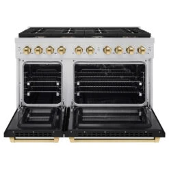 ZLINE Autograph Edition 48 In. 6.7 Cu. Ft. Paramount Double Oven Dual Fuel Range With 8 Burner Gas Cooktop In Stainless Steel With Black Matte Doors And Polished Gold Accents (SDRZ-BLM-48-G)(Zline Autograph Edition 48 Paramount Dual Fuel Range Stainless Steel Black Matte Polished Gold Sdrz Blm 48 G) 17 ZLINE Autograph Edition 48 In. 6.7 Cu. Ft. Paramount Double Oven Dual Fuel Range With 8 Burner Gas Cooktop In Stainless Steel With Black Matte Doors And Polished Gold Accents (SDRZ-BLM-48-G)(Zline Autograph Edition 48 Paramount Dual Fuel Range Stainless Steel Black Matte Polished Gold Sdrz Blm 48 G) -Induction Cooktop Store zline autograph edition professional stainless steel black matte gas range SDRZ BLM 48 G front open c8657a36 e8e0 4424 b2b0 4251219a30d1