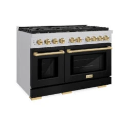 ZLINE Autograph Edition 48 In. 6.7 Cu. Ft. Paramount Double Oven Dual Fuel Range With 8 Burner Gas Cooktop In Stainless Steel With Black Matte Doors And Polished Gold Accents (SDRZ-BLM-48-G)(Zline Autograph Edition 48 Paramount Dual Fuel Range Stainless Steel Black Matte Polished Gold Sdrz Blm 48 G)