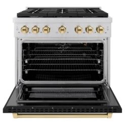 ZLINE Autograph Edition 36 In. 5.2 Cu. Ft. Paramount Gas Range With 6 Burner Cooktop And Convection Gas Oven In Stainless Steel With Black Matte Door And Polished Gold Accents (SGRZ-BLM-36-G)(Zline Autograph Edition 36 Paramount Gas Range Stainless Steel Black Matte Polished Gold Sgrz Blm 36 G) -Induction Cooktop Store zline autograph edition professional stainless steel black matte gas range SGRZ BLM 36 G front opencopy