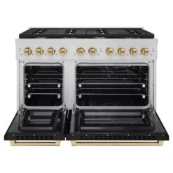 ZLINE Autograph Edition 48 In. 6.7 Cu. Ft. Paramount Double Oven Gas Range With 8 Burner Cooktop In Stainless Steel With Black Matte Doors And Champagne Bronze Accents (SGRZ-BLM-48-CB)(Zline Autograph Edition 48 Paramount Gas Range Stainless Steel Black Matte Champagne Bronze Sgrz Blm 48 Cb) -Induction Cooktop Store zline autograph edition professional stainless steel black matte gas range SGRZ BLM 48 CB front opencopy