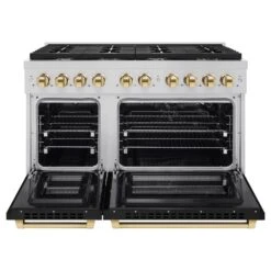 ZLINE Autograph Edition 48 In. 6.7 Cu. Ft. Paramount Double Oven Gas Range With 8 Burner Cooktop In Stainless Steel With Black Matte Doors And Polished Gold Accents (SGRZ-BLM-48-G)(Zline Autograph Edition 48 Paramount Gas Range Stainless Steel Black Matte Polished Gold Sgrz Blm 48 G) -Induction Cooktop Store zline autograph edition professional stainless steel black matte gas range SGRZ BLM 48 G front opencopy