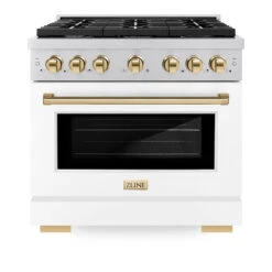 ZLINE Autograph Edition 36 In. 5.2 Cu. Ft. Paramount Dual Fuel Range With 6 Burner Gas Cooktop And Electric Convection Oven In Stainless Steel With White Matte Door And Polished Gold Accents (SDRZ-WM-36-G)(Zline Autograph Edition 36 Paramount Dual Fuel Range Stainless Steel White Matte Polished Gold Sdrz Wm 36 G) -Induction Cooktop Store zline autograph edition professional stainless steel white matte gas range SDRZ WM 36 G front