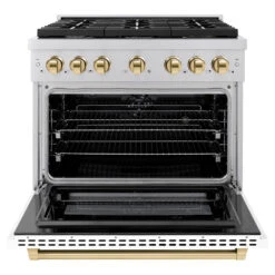 ZLINE Autograph Edition 36 In. 5.2 Cu. Ft. Paramount Dual Fuel Range With 6 Burner Gas Cooktop And Electric Convection Oven In Stainless Steel With White Matte Door And Polished Gold Accents (SDRZ-WM-36-G)(Zline Autograph Edition 36 Paramount Dual Fuel Range Stainless Steel White Matte Polished Gold Sdrz Wm 36 G) -Induction Cooktop Store zline autograph edition professional stainless steel white matte gas range SDRZ WM 36 G front open 3d063002 cfb0 43b6 a850 c450e6d1e7a1