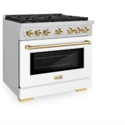 ZLINE Autograph Edition 36 In. 5.2 Cu. Ft. Paramount Dual Fuel Range With 6 Burner Gas Cooktop And Electric Convection Oven In Stainless Steel With White Matte Door And Polished Gold Accents (SDRZ-WM-36-G)(Zline Autograph Edition 36 Paramount Dual Fuel Range Stainless Steel White Matte Polished Gold Sdrz Wm 36 G) -Induction Cooktop Store zline autograph edition professional stainless steel white matte gas range SDRZ WM 36 G main