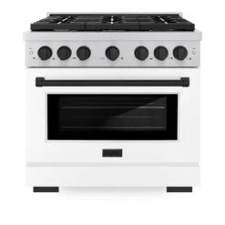 ZLINE Autograph Edition 36 In. 5.2 Cu. Ft. Paramount Dual Fuel Range With 6 Burner Gas Cooktop And Electric Convection Oven In Stainless Steel With White Matte Door And Matte Black Accents (SDRZ-WM-36-MB)(Zline Autograph Edition 36 Paramount Dual Fuel Range Stainless Steel White Matte Matte Black Sdrz Wm 36 Mb) -Induction Cooktop Store zline autograph edition professional stainless steel white matte gas range SDRZ WM 36 MB front