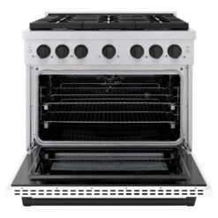 ZLINE Autograph Edition 36 In. 5.2 Cu. Ft. Paramount Dual Fuel Range With 6 Burner Gas Cooktop And Electric Convection Oven In Stainless Steel With White Matte Door And Matte Black Accents (SDRZ-WM-36-MB)(Zline Autograph Edition 36 Paramount Dual Fuel Range Stainless Steel White Matte Matte Black Sdrz Wm 36 Mb) -Induction Cooktop Store zline autograph edition professional stainless steel white matte gas range SDRZ WM 36 MB front open 5754782f cc58 4480 b8af dcde499c9286