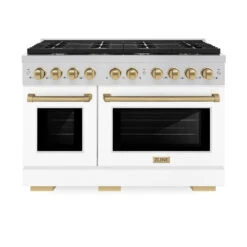 ZLINE Autograph Edition 48 In. 6.7 Cu. Ft. Paramount Double Oven Dual Fuel Range With 8 Burner Gas Cooktop In Stainless Steel With White Matte Doors And Champagne Bronze Accents (SDRZ-WM-48-CB)(Zline Autograph Edition 48 Paramount Dual Fuel Range Stainless Steel White Matte Champagne Bronze Sdrz Wm 48 Cb) -Induction Cooktop Store zline autograph edition professional stainless steel white matte gas range SDRZ WM 48 CB front