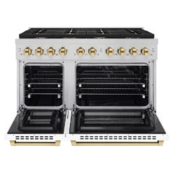 ZLINE Autograph Edition 48 In. 6.7 Cu. Ft. Paramount Double Oven Dual Fuel Range With 8 Burner Gas Cooktop In Stainless Steel With White Matte Doors And Polished Gold Accents (SDRZ-WM-48-G)(Zline Autograph Edition 48 Paramount Dual Fuel Range Stainless Steel White Matte Polished Gold Sdrz Wm 48 G) -Induction Cooktop Store zline autograph edition professional stainless steel white matte gas range SDRZ WM 48 G front open 28ede399 c5dd 4ced b772 2da7839f551a