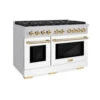 ZLINE Autograph Edition 48 In. 6.7 Cu. Ft. Paramount Double Oven Dual Fuel Range With 8 Burner Gas Cooktop In Stainless Steel With White Matte Doors And Polished Gold Accents (SDRZ-WM-48-G)(Zline Autograph Edition 48 Paramount Dual Fuel Range Stainless Steel White Matte Polished Gold Sdrz Wm 48 G)