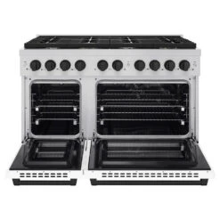 ZLINE Autograph Edition 48 In. 6.7 Cu. Ft. Paramount Double Oven Dual Fuel Range With 8 Burner Gas Cooktop In Stainless Steel With White Matte Doors And Matte Black Accents (SDRZ-WM-48-MB)(Zline Autograph Edition 48 Paramount Dual Fuel Range Stainless Steel White Matte Matte Black Sdrz Wm 48 Mb) 12 ZLINE Autograph Edition 48 In. 6.7 Cu. Ft. Paramount Double Oven Dual Fuel Range With 8 Burner Gas Cooktop In Stainless Steel With White Matte Doors And Matte Black Accents (SDRZ-WM-48-MB)(Zline Autograph Edition 48 Paramount Dual Fuel Range Stainless Steel White Matte Matte Black Sdrz Wm 48 Mb) -Induction Cooktop Store zline autograph edition professional stainless steel white matte gas range SDRZ WM 48 MB front open 33460296 3313 4f71 aa7e 772693cf5baf