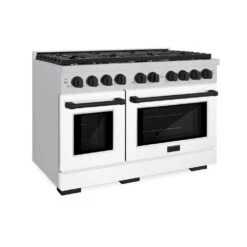 ZLINE Autograph Edition 48 In. 6.7 Cu. Ft. Paramount Double Oven Dual Fuel Range With 8 Burner Gas Cooktop In Stainless Steel With White Matte Doors And Matte Black Accents (SDRZ-WM-48-MB)(Zline Autograph Edition 48 Paramount Dual Fuel Range Stainless Steel White Matte Matte Black Sdrz Wm 48 Mb)