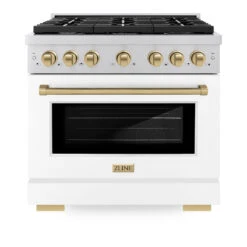ZLINE Autograph Edition 36 In. 5.2 Cu. Ft. Paramount Dual Fuel Range With 6 Burner Gas Cooktop And Electric Convection Oven In Stainless Steel With White Matte Door And Champagne Bronze Accents (SDRZ-WM-36-CB)(Zline Autograph Edition 36 Paramount Dual Fuel Range Stainless Steel White Matte Champagne Bronze Sdrz Wm 36 Cb) -Induction Cooktop Store zline autograph edition professional stainless steel white matte gas range SGRZ WM 36 CB front