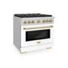 ZLINE Autograph Edition 36 In. 5.2 Cu. Ft. Paramount Gas Range With 6 Burner Cooktop And Convection Gas Oven In Stainless Steel With White Matte Door And Champagne Bronze Accents (SGRZ-WM-36-CB)(Zline Autograph Edition 36 Paramount Gas Range Stainless Steel White Matte Champagne Bronze Sgrz Wm 36 Cb)