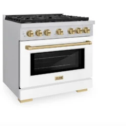 ZLINE Autograph Edition 36 In. 5.2 Cu. Ft. Paramount Dual Fuel Range With 6 Burner Gas Cooktop And Electric Convection Oven In Stainless Steel With White Matte Door And Champagne Bronze Accents (SDRZ-WM-36-CB)(Zline Autograph Edition 36 Paramount Dual Fuel Range Stainless Steel White Matte Champagne Bronze Sdrz Wm 36 Cb) -Induction Cooktop Store zline autograph edition professional stainless steel white matte gas range SGRZ WM 36 CB main