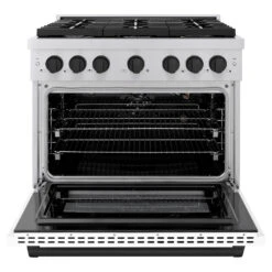 ZLINE Autograph Edition 36 In. 5.2 Cu. Ft. Paramount Gas Range With 6 Burner Cooktop And Convection Gas Oven In Stainless Steel With White Matte Door And Matte Black Accents (SGRZ-WM-36-MB)(Zline Autograph Edition 36 Paramount Gas Range Stainless Steel White Matte Matte Black Sgrz Wm 36 Mb) 12 ZLINE Autograph Edition 36 In. 5.2 Cu. Ft. Paramount Gas Range With 6 Burner Cooktop And Convection Gas Oven In Stainless Steel With White Matte Door And Matte Black Accents (SGRZ-WM-36-MB)(Zline Autograph Edition 36 Paramount Gas Range Stainless Steel White Matte Matte Black Sgrz Wm 36 Mb) -Induction Cooktop Store zline autograph edition professional stainless steel white matte gas range SGRZ WM 36 MB front opencopy
