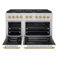 ZLINE Autograph Edition 48 In. 6.7 Cu. Ft. Paramount Double Oven Gas Range With 8 Burner Cooktop In Stainless Steel With White Matte Doors And Polished Gold Accents (SGRZ-WM-48-G)(Zline Autograph Edition 48 Paramount Gas Range Stainless Steel White Matte Polished Gold Sgrz Wm 48 G) 12 ZLINE Autograph Edition 48 In. 6.7 Cu. Ft. Paramount Double Oven Gas Range With 8 Burner Cooktop In Stainless Steel With White Matte Doors And Polished Gold Accents (SGRZ-WM-48-G)(Zline Autograph Edition 48 Paramount Gas Range Stainless Steel White Matte Polished Gold Sgrz Wm 48 G) -Induction Cooktop Store zline autograph edition professional stainless steel white matte gas range SGRZ WM 48 G front opencopy