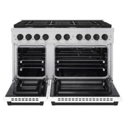 ZLINE Autograph Edition 48 In. 6.7 Cu. Ft. Paramount Double Oven Gas Range With 8 Burner Cooktop In Stainless Steel With White Matte Doors And Matte Black Accents (SGRZ-WM-48-MB)(Zline Autograph Edition 48 Paramount Gas Range Stainless Steel White Matte Matte Black Sgrz Wm 48 Mb) 11 ZLINE Autograph Edition 48 In. 6.7 Cu. Ft. Paramount Double Oven Gas Range With 8 Burner Cooktop In Stainless Steel With White Matte Doors And Matte Black Accents (SGRZ-WM-48-MB)(Zline Autograph Edition 48 Paramount Gas Range Stainless Steel White Matte Matte Black Sgrz Wm 48 Mb) -Induction Cooktop Store zline autograph edition professional stainless steel white matte gas range SGRZ WM 48 MB front open